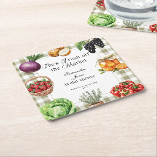 She's Fresh Off The Market Gingham Bridal Shower Square Paper Coaster