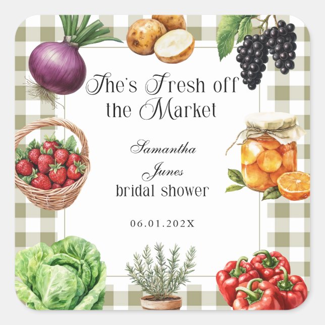 She's Fresh Off The Market Gingham Bridal Shower Square Sticker (Front)