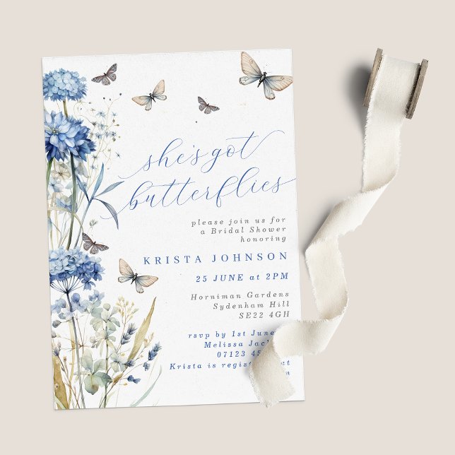 She's Got Butterflies Blue Hydrangea Bridal Shower Invitation (Creator Uploaded)