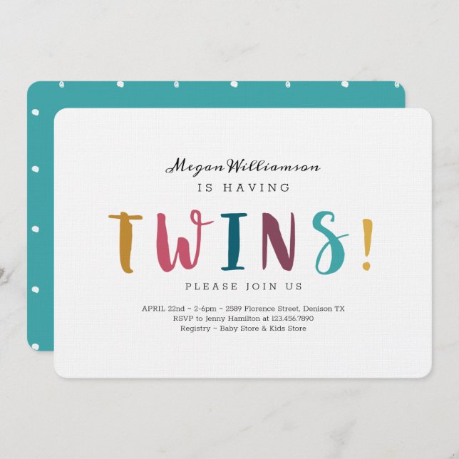 She's Having Twins - Modern, Colourful & fun Invitation (Front/Back)