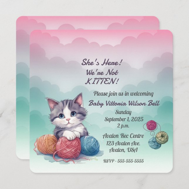 She's Here We're Not Kitten Clouds Yarn Invitation (Front/Back)
