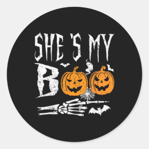 She's My Boo Skeleton Hand Pumpkin Halloween Match Classic Round Sticker