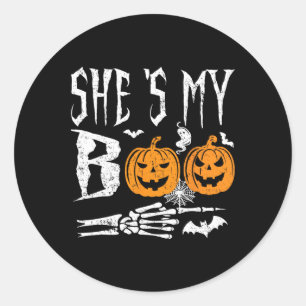 She's My Boo Skeleton Hand Pumpkin Halloween Match Classic Round Sticker