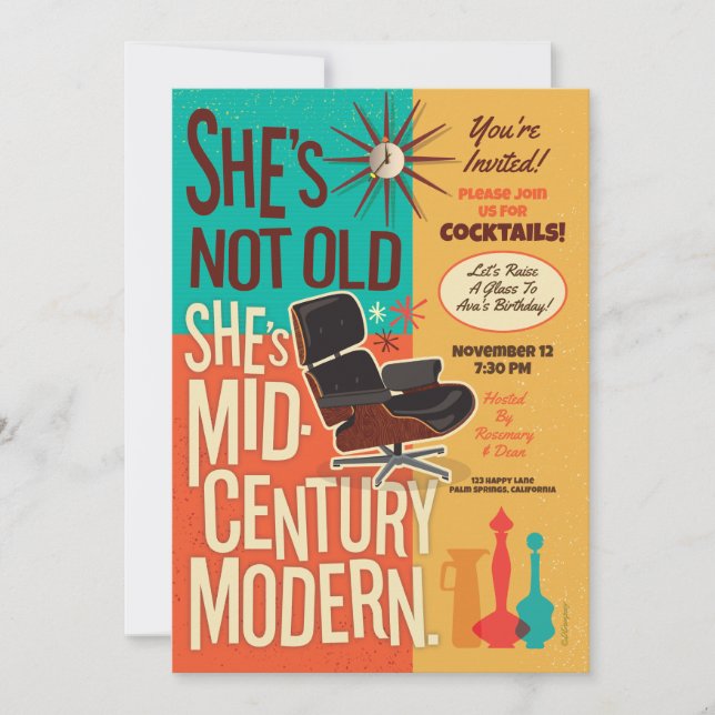 She's Not Old I'm Mid-Century Modern Party Invites (Front)