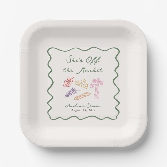 She's Off the Market Bold & Whimsical Hand Drawn Paper Plate (Front)
