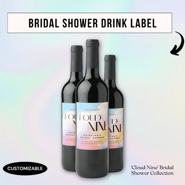She's on cloud 9 Colourful Pastel Bridal Shower  Wine Label (Creator Uploaded)