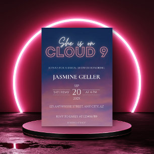 She's on cloud 9 Elegant Bridal Shower Dreamy Neon Invitation