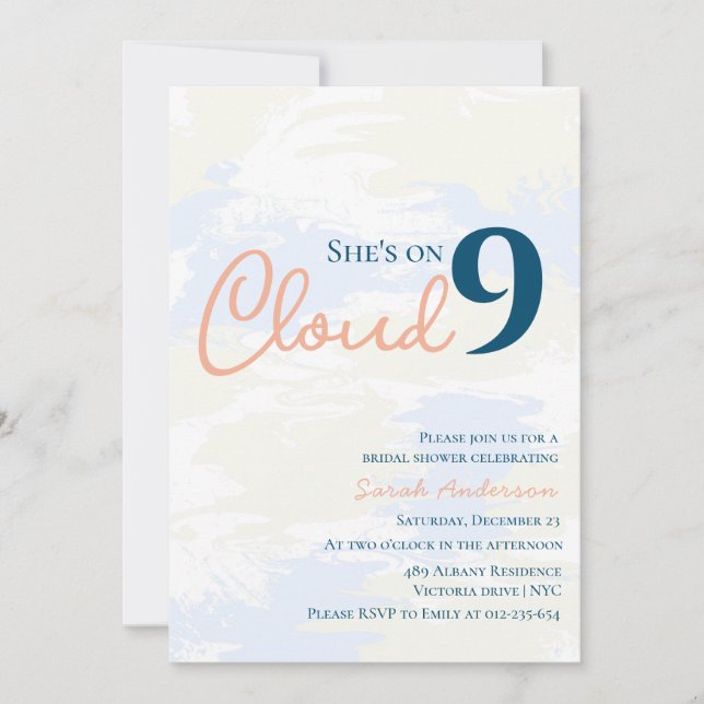 She's on Cloud 9 Texture Blue Pink Bridal Shower Invitation (Front)
