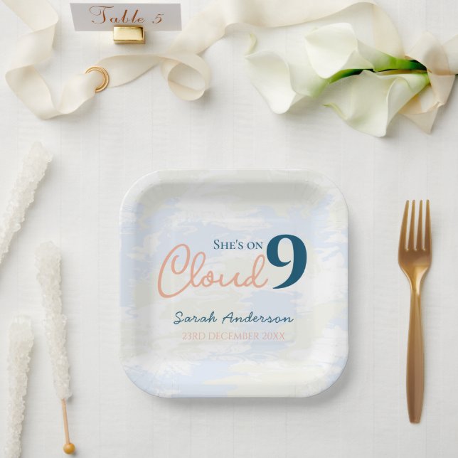 She's on Cloud 9 Whimsical Bridal Shower Paper Plate (Wedding)