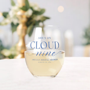 She's On Cloud Nine Blue Bridal Shower Stemless Wine Glass
