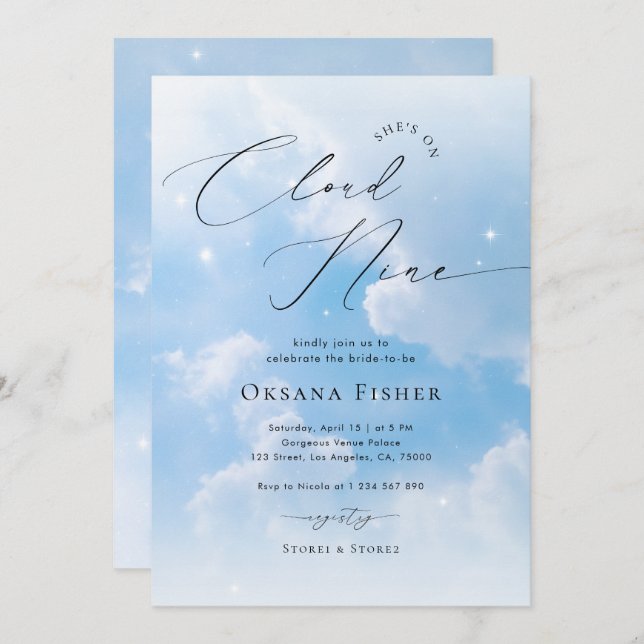 She's on Cloud Nine | Blue Clouds Bridal Shower Invitation (Front/Back)