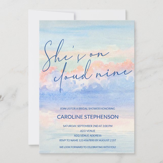 Shes On Cloud Nine Pastel Watercolor Bridal Shower Invitation (Front)