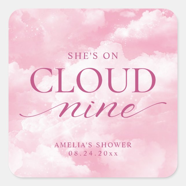 She's On Cloud Nine Pink Bridal Shower Square Sticker (Front)