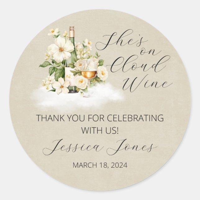 She's On Cloud Wine Bridal Shower Invitation Classic Round Sticker (Front)