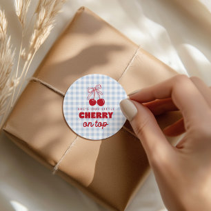 She's Our Cherry On Top Blue Gingham Birthday Classic Round Sticker