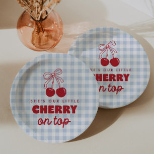She's Our Cherry On Top Blue Gingham Birthday Paper Plate