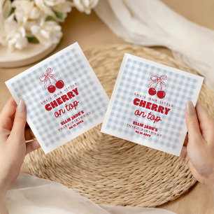 She's Our Cherry On Top Blue Gingham Favour Napkin