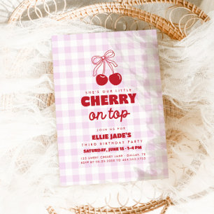 She's Our Cherry On Top Pink Gingham Birthday Invitation