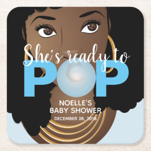 She's Ready to Pop, Baby Boy Shower Paper Coaster
