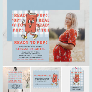 She's Ready to Pop Baby Shower Blue Gingham Photo Invitation