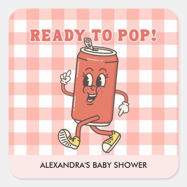 She's Ready to Pop Baby Shower Retro Red Gingham Square Sticker (Front)