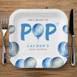 She's Ready To Pop Balloons Blue Boy Baby Shower Paper Plate