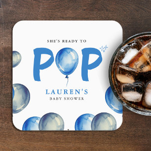She's Ready To Pop Balloons Blue Boy Baby Shower Square Paper Coaster