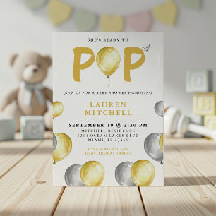 She's Ready To Pop Balloons Gold Baby Shower Invitation