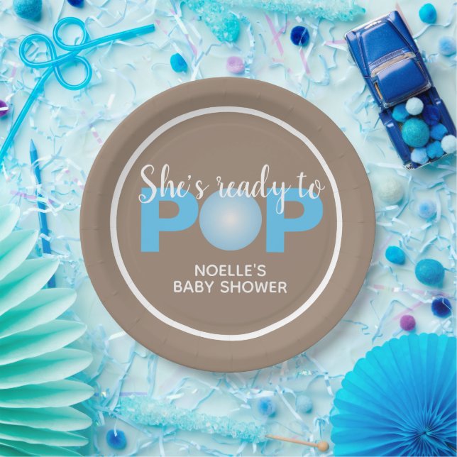 She's Ready to Pop, Blue Bubblegum Baby Shower Paper Plate (Party)