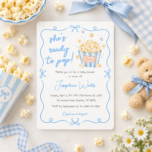 She's Ready to Pop Blue Popcorn Bow Baby Shower Invitation