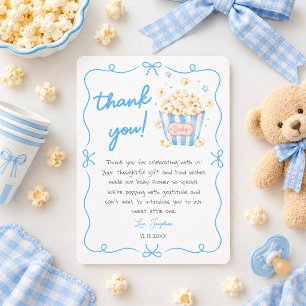 She's Ready to Pop Blue Popcorn Bow Baby Shower Thank You Card