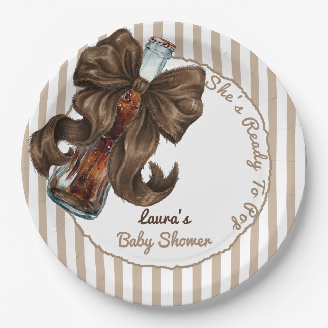 She's Ready To Pop Bottle Bow Baby Shower Paper Plate (Front)