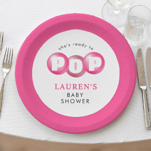 She's Ready To Pop Bubblegum Pink Girl Baby Shower Paper Plate