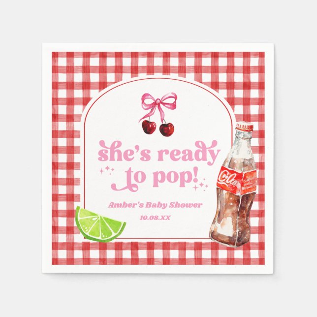She's Ready To Pop! Cherry Soda Pop Baby Shower Napkin (Front)