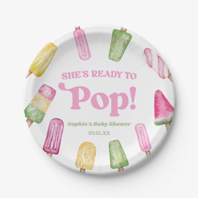 She's Ready To Pop Pink Popsicle Baby Shower Paper Plate (Front)