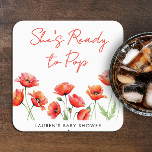 She's Ready To Pop Poppy Flower Spring Baby Shower Square Paper Coaster