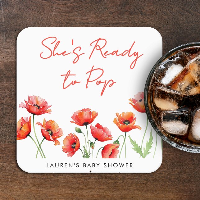 She's Ready To Pop Poppy Flower Spring Baby Shower Square Paper Coaster (She's Ready To Pop Poppy Flower Spring Baby Shower Square Paper Coaster
)