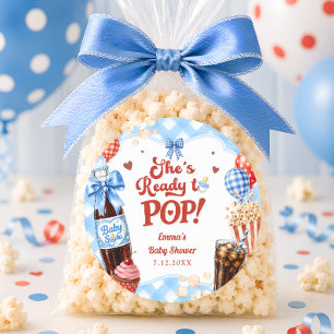 She's Ready to Pop Soda Blue Gingham Baby Shower Classic Round Sticker
