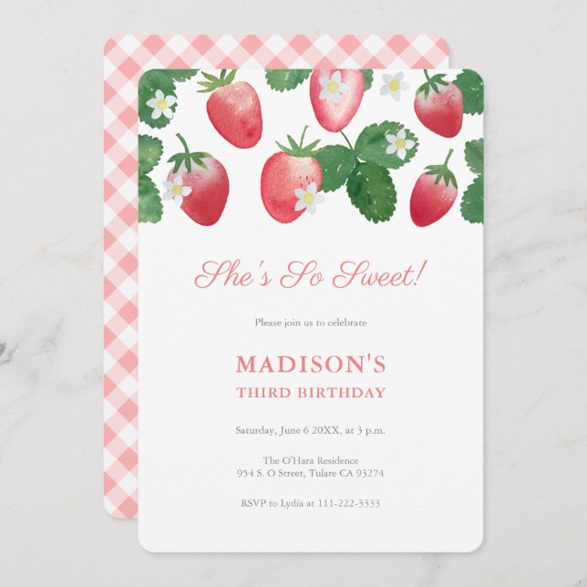 She's So Sweet Strawberry Picnic Birthday Party Invitation (Front/Back)