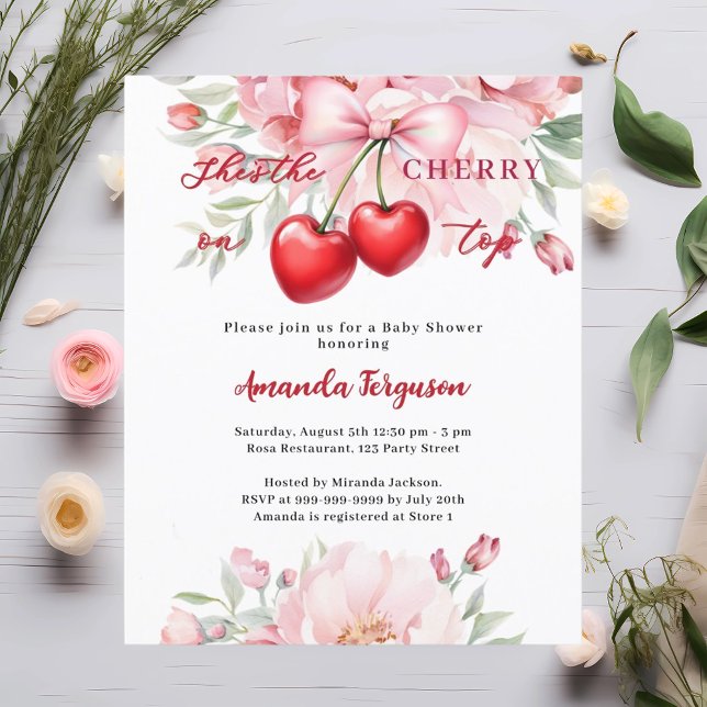 She's the cherry on top bow Baby Shower invitation (Creator Uploaded)
