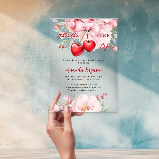 She's the cherry on top bow florals Baby Shower Acrylic Invitations (Creator Uploaded)