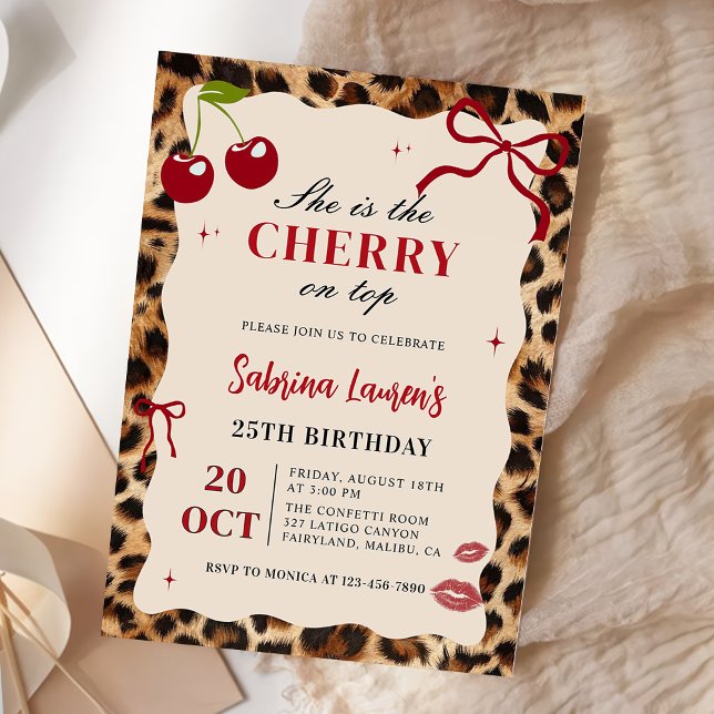 She's the Cherry on top Leopard Cheetah Birthday Invitation (Creator Uploaded)