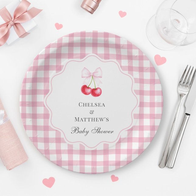 She's The Cherry On Top Pink Bow Baby Shower Paper Plate (Creator Uploaded)