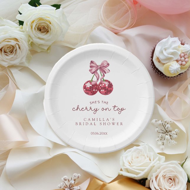 She's The Cherry On Top Pink Bow Bridal Shower  Paper Plate (Creator Uploaded)