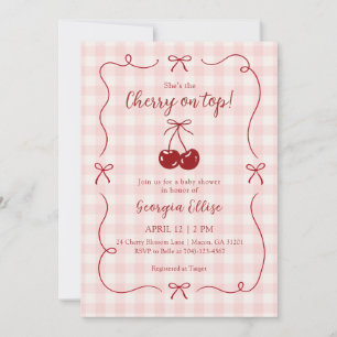 She's the Cherry on Top Pink Gingham Baby Shower Invitation