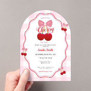She's The Cherry On Top Pink Gingham Bridal Shower Acrylic Invitations