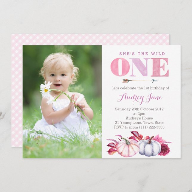 She's the wild ONE 1st Birthday Party, Fall Party Invitation (Front/Back)