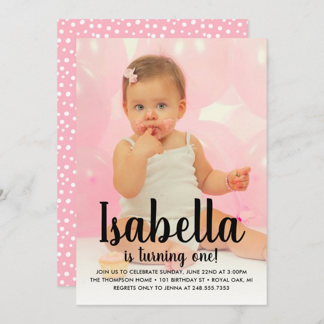 She's Turning One Pink Girl's First Birthday Photo Invitation (Front/Back)