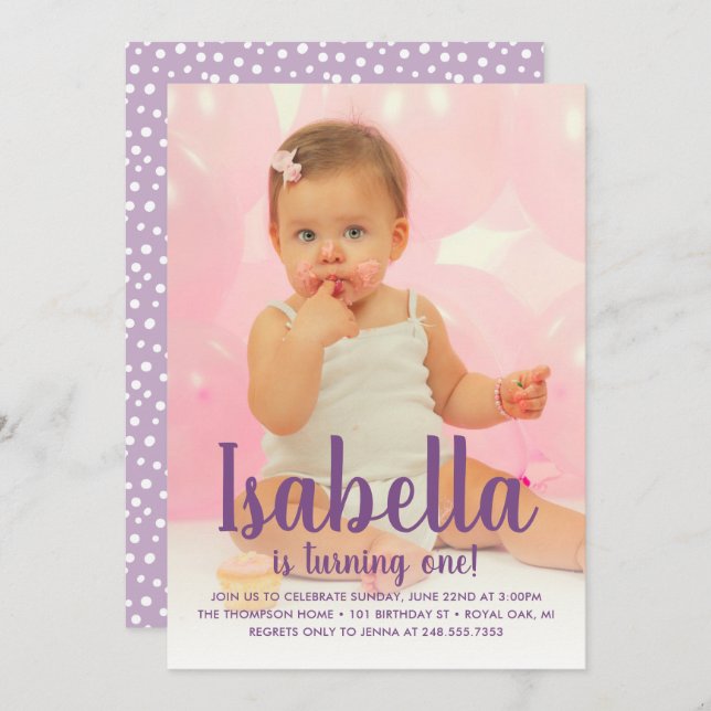 She's Turning One Purple Girl First Birthday Photo Invitation (Front/Back)
