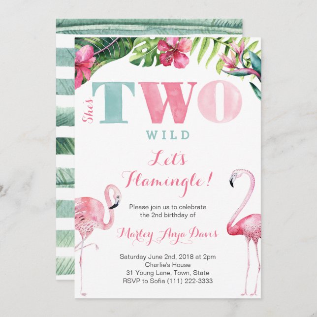 She's TWO wild 2nd birthday Flamingo Party Cards (Front/Back)